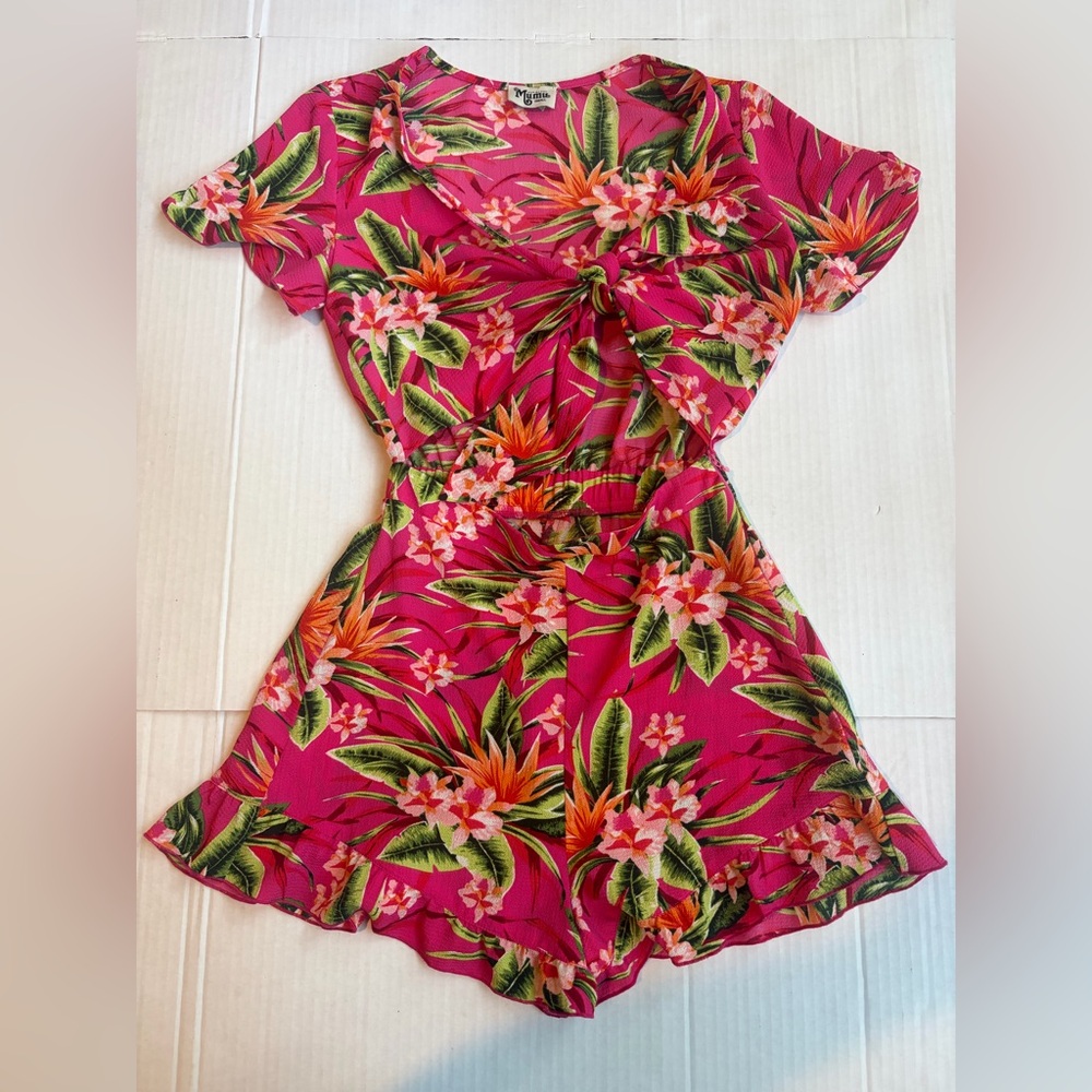 Show Me Your MuMu Pink Tropical Print Floral Romper Riviera Pattern Tie Front